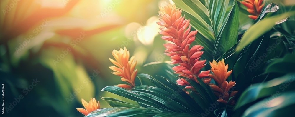 Tropical foliage with vibrant bromeliad flowers, serene natural backdrop. Exotic plant life and tranquility concept Tropical foliage with vibrant bromeliad flowers, serene natural backdrop. Exotic plant life and tranquility concept