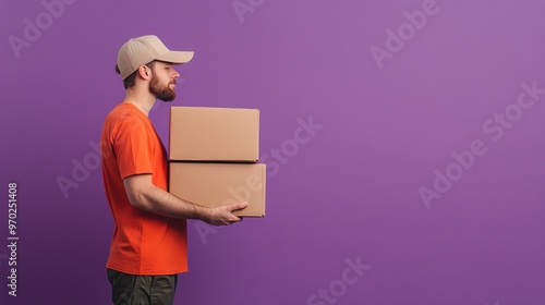 A man in an orange shirt and cap holds two boxes in front of a vibrant purple background, representing shipping and logistics.