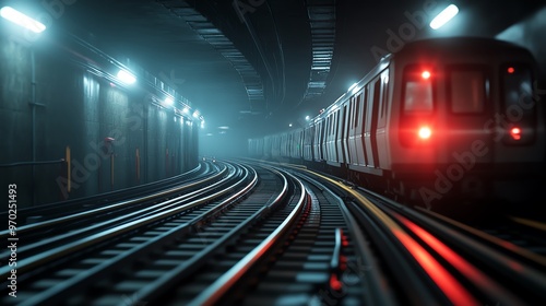 A dimly lit subway tunnel with a train approaching, showcasing glowing lights and curved tracks in an atmospheric setting. photo