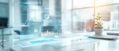 Modern office workspace with digital data graphics overlay, futuristic technology concept with charts and statistics.