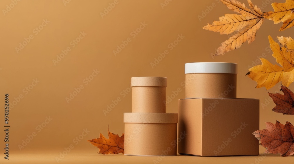 Cozy Autumn Wooden Boxes with Leaves on Rustic Table Cozy Autumn Wooden Boxes with Leaves on Rustic Table