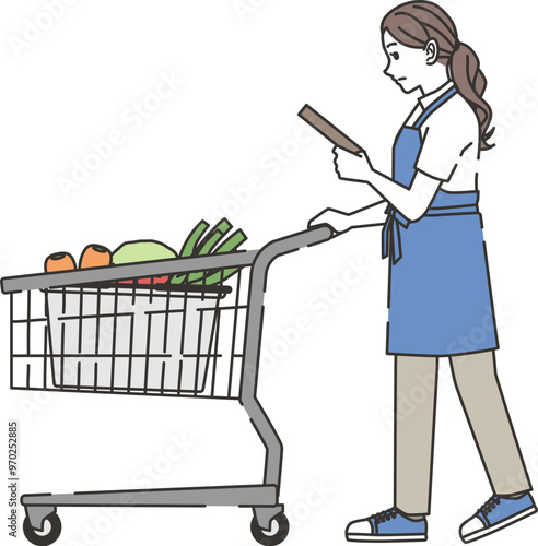商品を確認しながら買い物する家事代行の女性