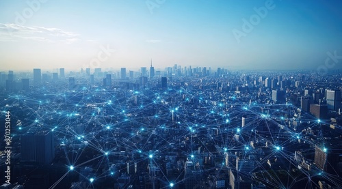 Wallpaper Mural Aerial view of a modern city skyline with a network of lines connecting buildings, representing a connected world. Torontodigital.ca