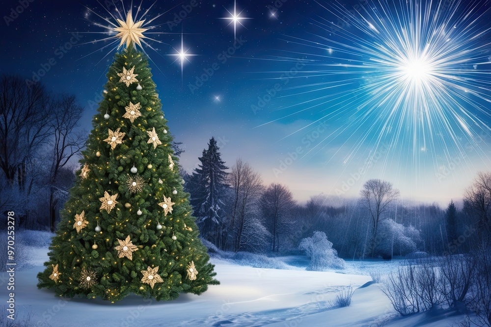 Elegant Christmas Tree in a Mystical Winter Landscape Under Radiant Stars Elegant Christmas Tree in a Mystical Winter Landscape Under Radiant Stars