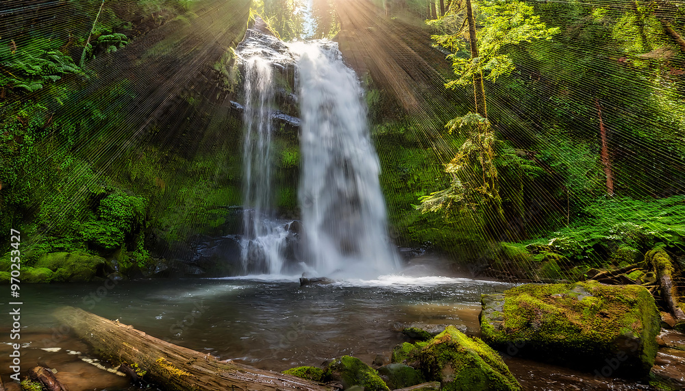 Lush green forest with a serene waterfall cascading into a tranquil pool Lush green forest with a serene waterfall cascading into a tranquil pool