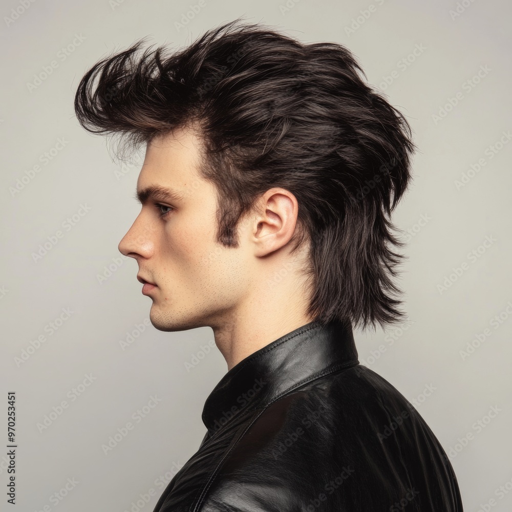 Profile view of a young man with stylish hair and a leather jacket. Profile view of a young man with stylish hair and a leather jacket.