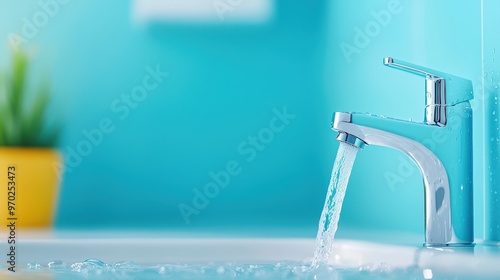 Close-up of water flowing from a modern tap in a smart home photo