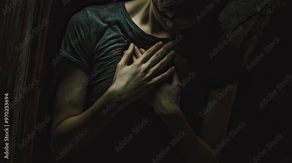 A moody, intimate portrait capturing the essence of vulnerability and introspection with hands gently placed over the heart. A moody, intimate portrait capturing the essence of vulnerability and introspection with hands gently placed over the heart.