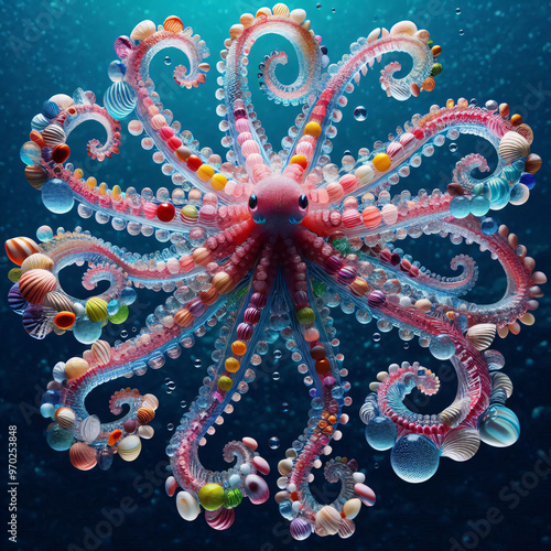 Vibrant octopus with intricate patterns emerges from the abyss