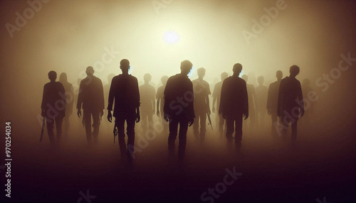 Silhouette of a horde of zombies walking. Generative AI. photo