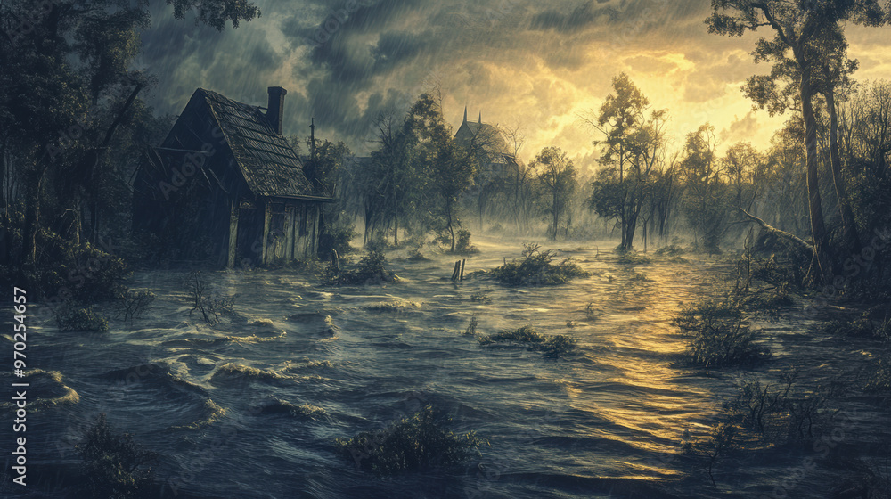 Fototapeta premium A serene yet haunting landscape depicting flooded area with dramatic sky. scene captures beauty and power of nature, evoking sense of tranquility amidst chaos