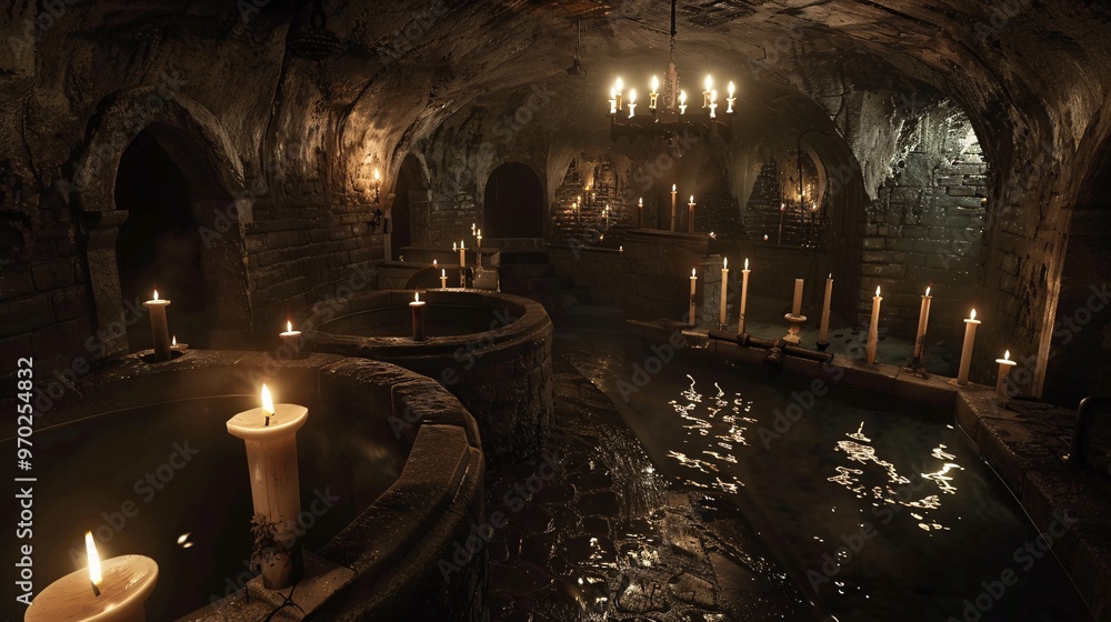 Obraz premium Dark and creepy catacombs with flickering candles