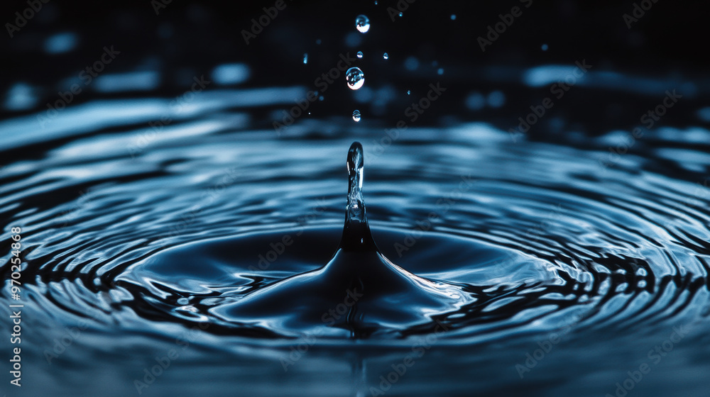 A single water droplet creates ripples in dark blue pool, showcasing beauty of natures fluid dynamics. serene moment captures essence of tranquility and movement A single water droplet creates ripples in dark blue pool, showcasing beauty of natures fluid dynamics. serene moment captures essence of tranquility and movement
