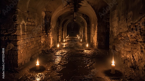 Dark and creepy catacombs with flickering candles