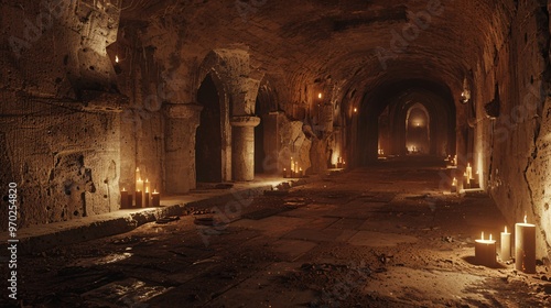 Dark and creepy catacombs with flickering candles