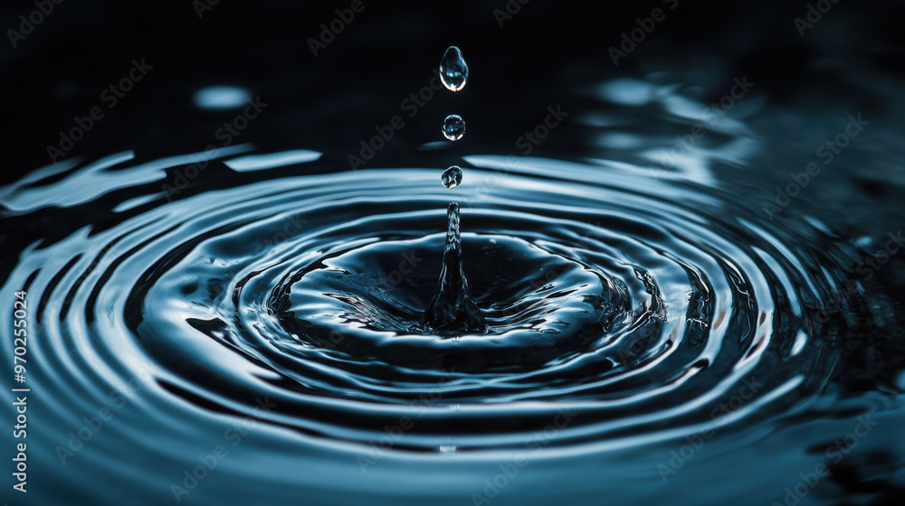 A single water droplet creates ripples in dark, serene pool, showcasing beauty of natures simplicity and mesmerizing patterns formed by impact A single water droplet creates ripples in dark, serene pool, showcasing beauty of natures simplicity and mesmerizing patterns formed by impact