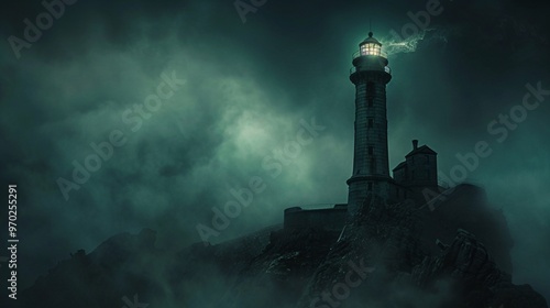 Haunted lighthouse with eerie lights photo