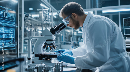 A focused scientist examines samples under microscope in modern laboratory, showcasing advanced technology and precision in research