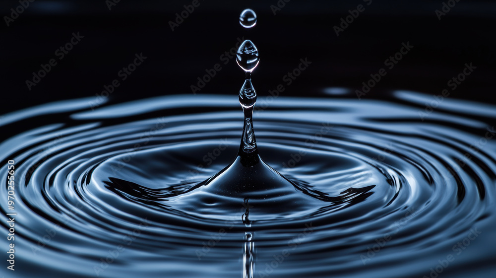 A stunning close up of water droplet creating ripples in dark background, showcasing beauty of fluid dynamics and elegance of nature A stunning close up of water droplet creating ripples in dark background, showcasing beauty of fluid dynamics and elegance of nature