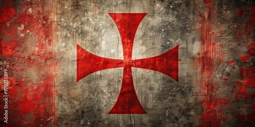 In the shadows of the past, a scarlet Jerusalem Crusader cross rises, etched on a worn, antique backdrop, photo