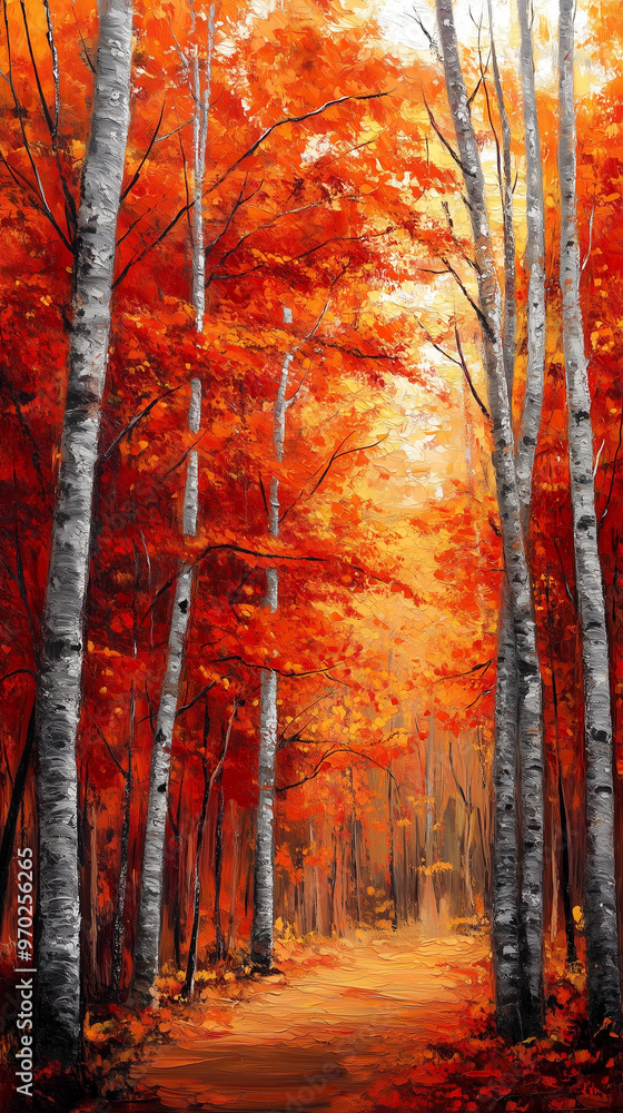 Obraz premium An autumn forest with vibrant red and orange leaves on trees, creating a warm atmosphere. White birch trunks contrast with the rich colors of the autumn landscape