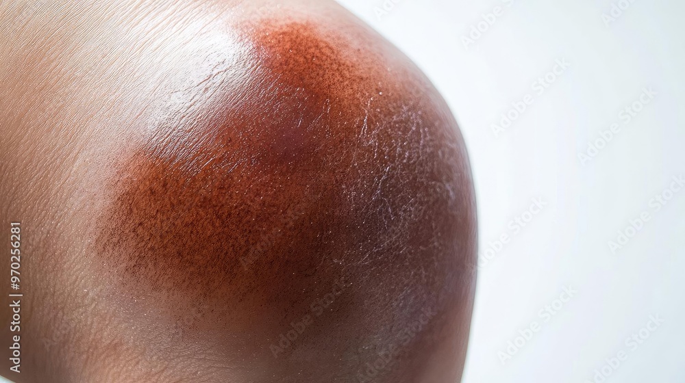 Fototapeta premium Close-up of a bruised knee, showcasing skin texture and color variations, ideal for health and injury-related content.