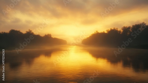 A beautiful sunset over a river with a foggy mist in the background