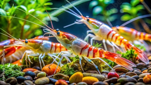 Live shrimp with vibrant colors and transparent shells swim effortlessly in the open water of the aquarium, their photo