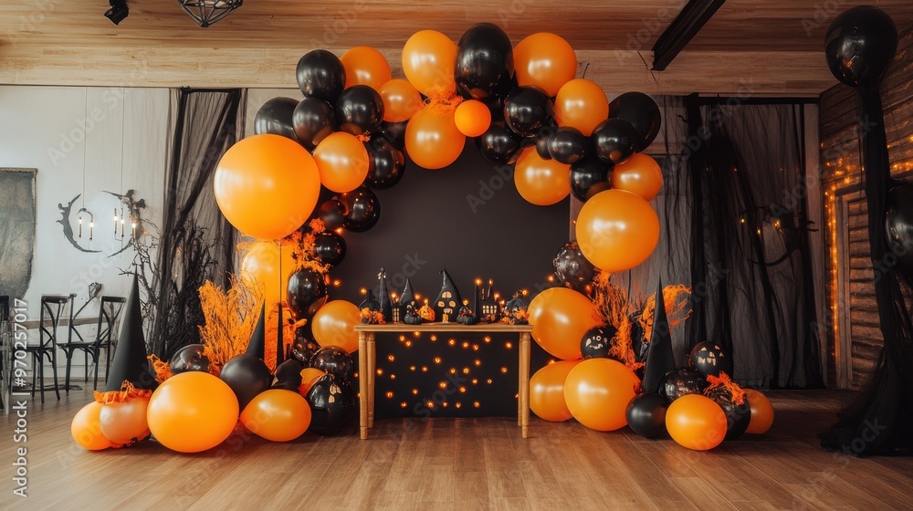 Φωτογραφία A bright Halloween photo booth with a backdrop of orange and black balloons, themed props like witch hats and masks, and spooky lights