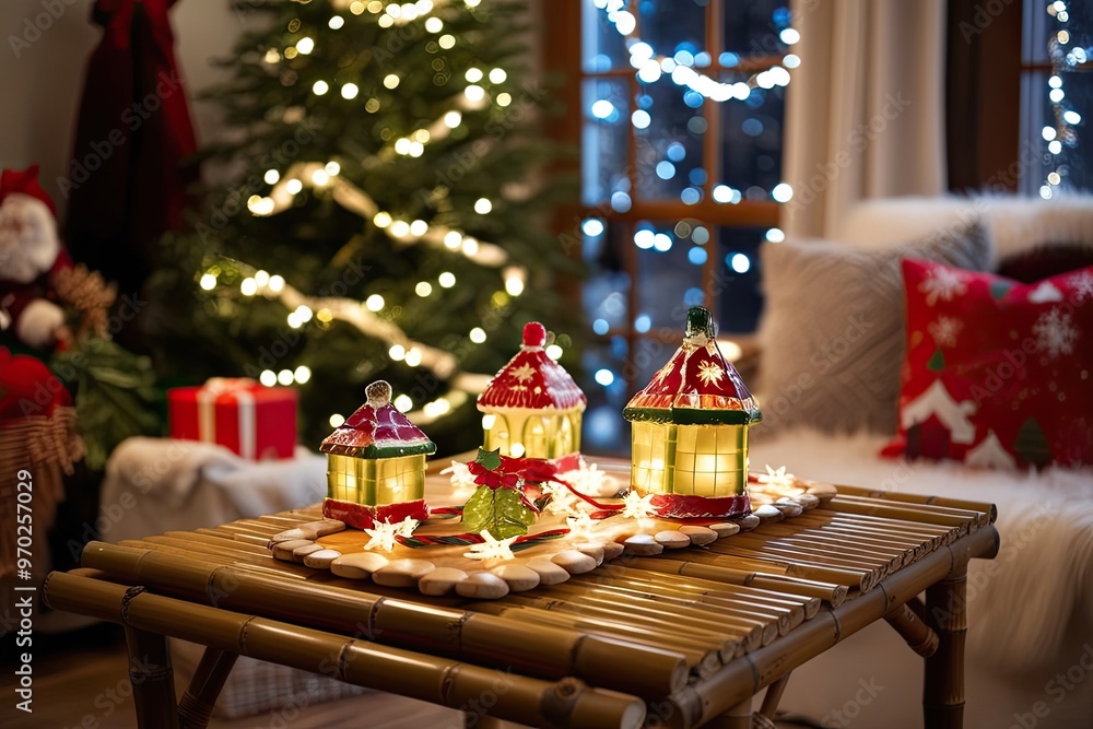 Vibrant Bamboo Table Decor with Fun Accents and Glowing Holiday Lights in a Dreamy Winter Wonderland Background Vibrant Bamboo Table Decor with Fun Accents and Glowing Holiday Lights in a Dreamy Winter Wonderland Background