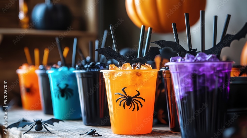 Φωτογραφία A vibrant Halloween-themed drink station with colorful punches, themed cups, spooky ice cubes with spiders inside, and straws decorated with bat toppers