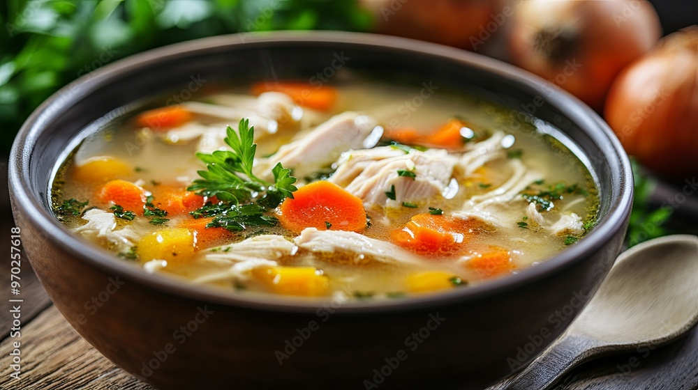Close-up of a Bowl of Chicken Noodle Soup with Carrots and Parsley Close-up of a Bowl of Chicken Noodle Soup with Carrots and Parsley