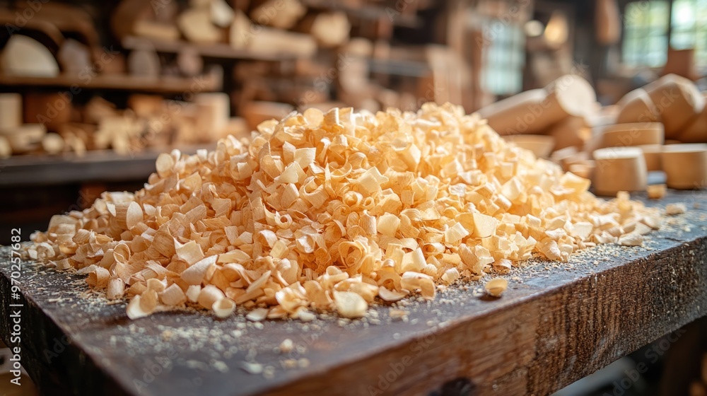 Wood shavings on a table in a workshop Wood shavings on a table in a workshop