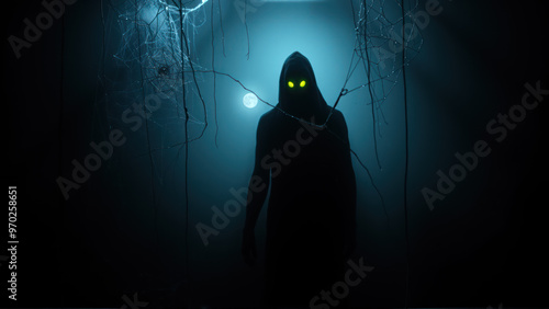 Spooky Halloween figure with glowing eyes and spider webs