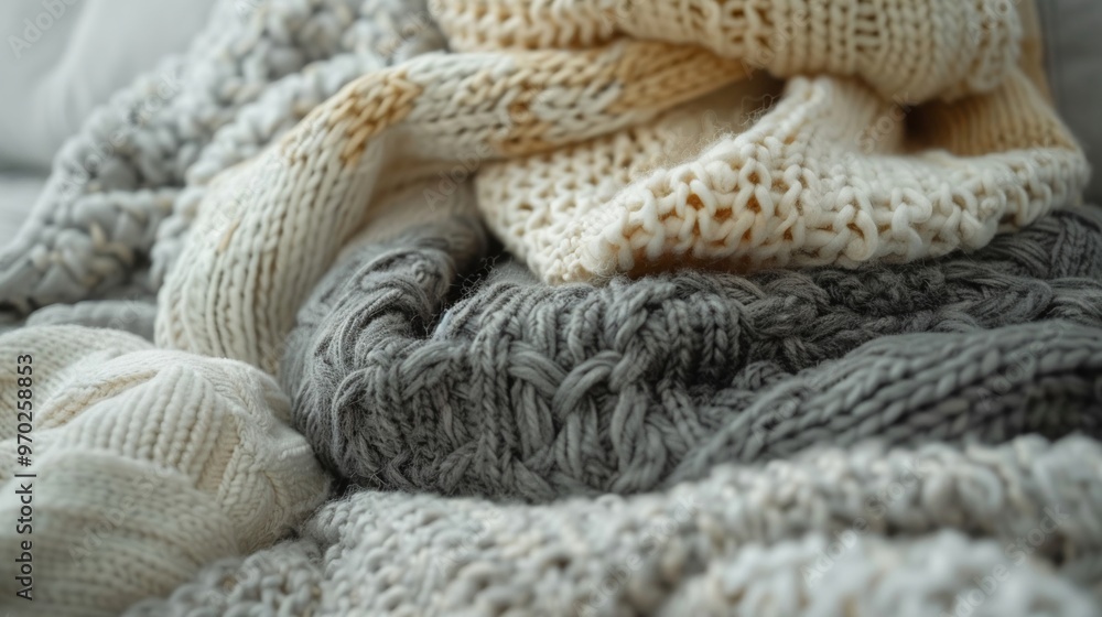 A cozy arrangement of soft knitted blankets in neutral tones, perfect for adding warmth and texture to any space. A cozy arrangement of soft knitted blankets in neutral tones, perfect for adding warmth and texture to any space.