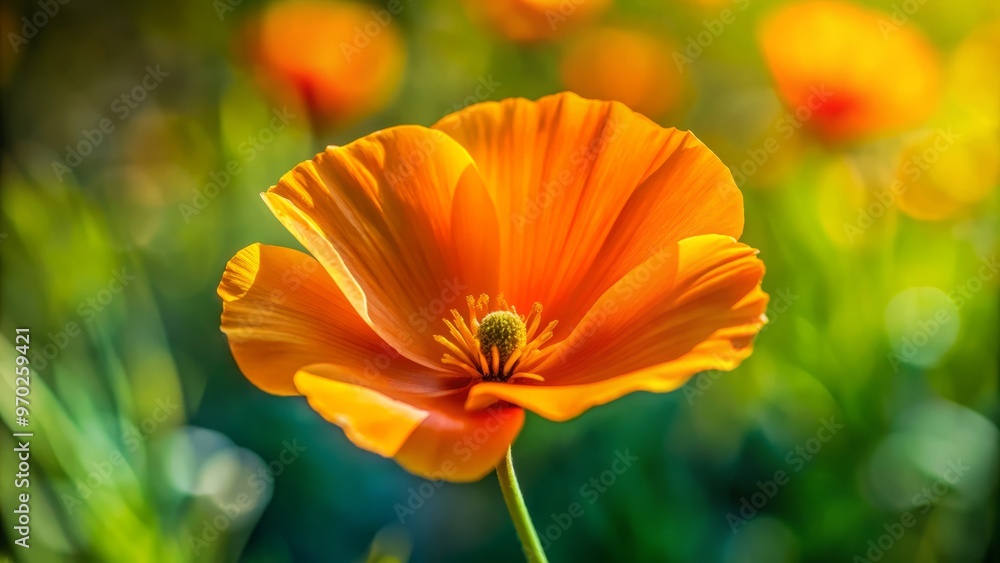 Softly focused orange petals unfurl, delicate centers shimmering like tiny jewels, delicate green fronds in the Softly focused orange petals unfurl, delicate centers shimmering like tiny jewels, delicate green fronds in the