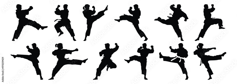 Fighter silhouettes set, warrior pack of vector silhouette design, isolated background Fighter silhouettes set, warrior pack of vector silhouette design, isolated background