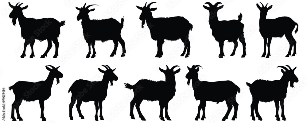 Fototapeta premium Goat silhouettes set, animal pack of vector silhouette design, isolated background
