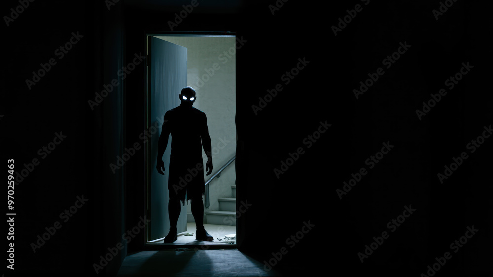 Obraz premium Creepy figure in dark stairwell for Halloween background