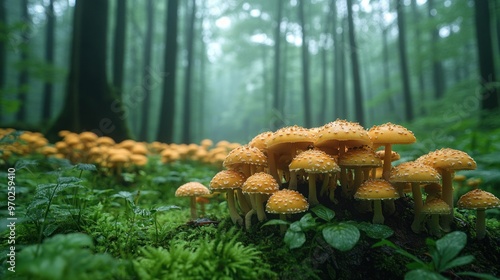 Mushrooms in a Misty Forest photo