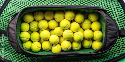 Softly glowing yellow and green racketballs rested peacefully inside a rugged rectangular black racketball bag, ready