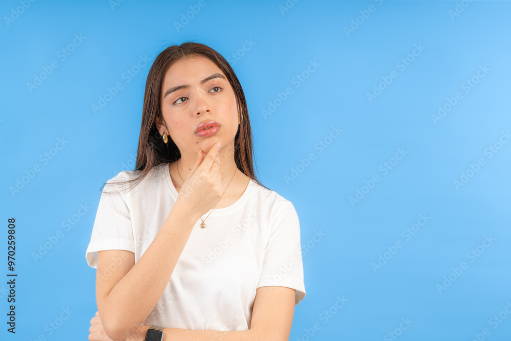 Young woman thinking with hand on chin on blue background