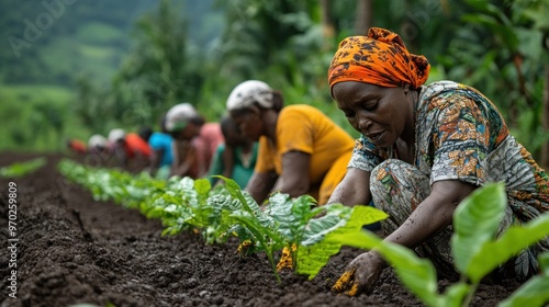 Women working in a farm planting coffee.