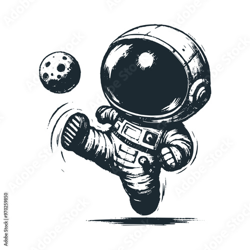 Cute astronaut kick a moon . Black white vector. Icon and logo illustration.