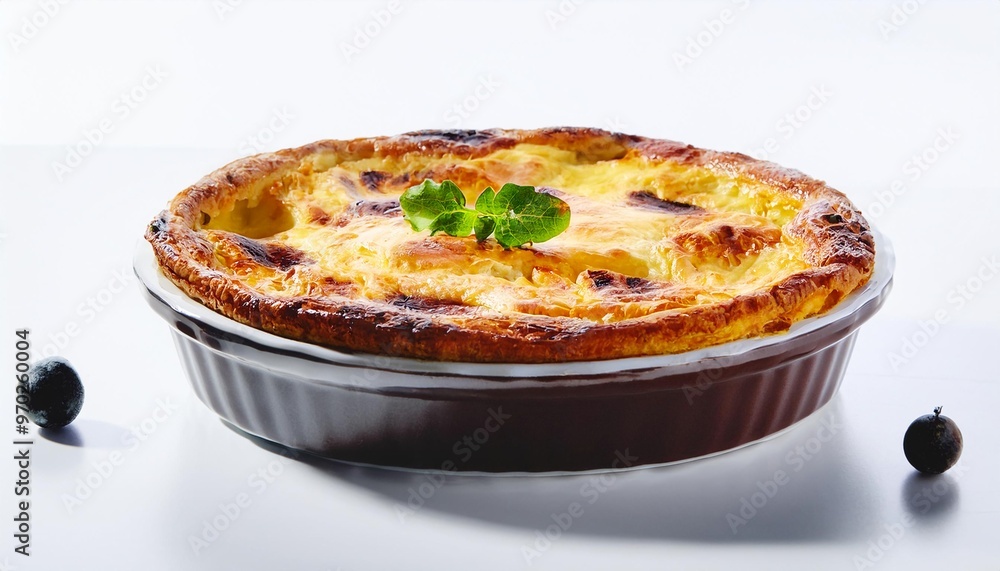 France Food, Clafoutis on white background isolated. France Food, Clafoutis on white background isolated.