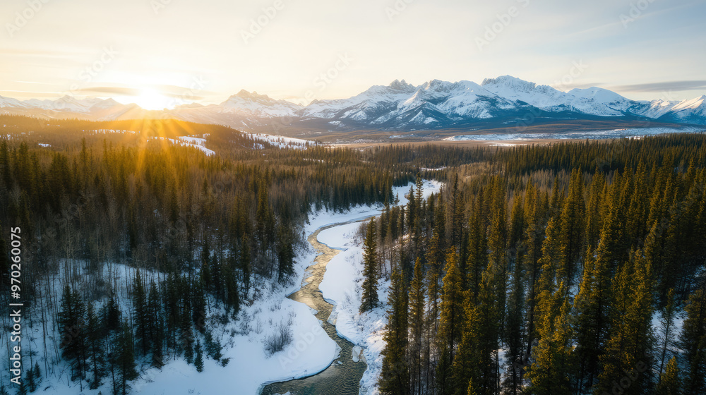 A winter alpine landscape, featuring snow-capped peaks, frozen rivers winding through snow-covered forests, and the distant horizon glowing under a clear winter sky. A winter alpine landscape, featuring snow-capped peaks, frozen rivers winding through snow-covered forests, and the distant horizon glowing under a clear winter sky.