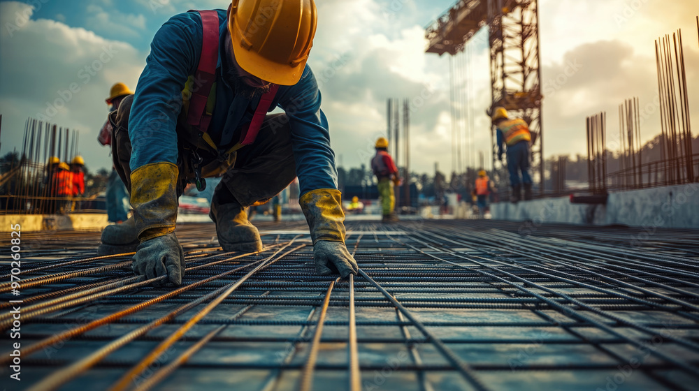 A construction worker is laying down a metal grid on a building site. The other workers are also present, and the scene is bustling with activity. Scene is energetic and industrious A construction worker is laying down a metal grid on a building site. The other workers are also present, and the scene is bustling with activity. Scene is energetic and industrious