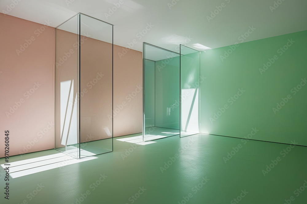 Vibrant Mint Green Base Showcasing Light and Shadows Through Glass on Bright Plaster Walls Vibrant Mint Green Base Showcasing Light and Shadows Through Glass on Bright Plaster Walls