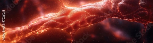 Abstract illustration of a glowing red structure, representing energy flow and dynamic movement in a futuristic environment. photo