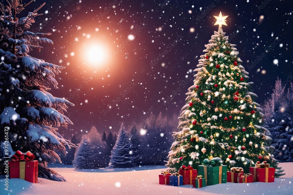Obraz premium Enchanting Winter Wonderland Christmas Night with Sparkling Christmas Tree and Dreamy Snowfall